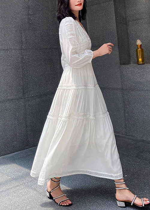 Women Red V Neck Wrinkled Solid Cotton Long Dress Spring