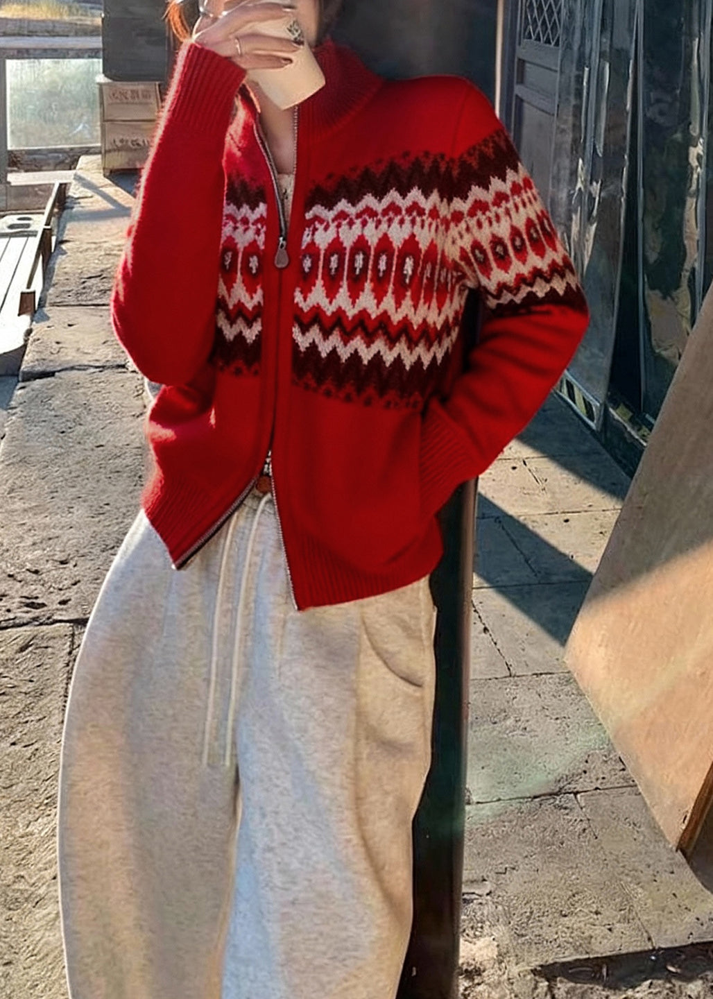 Women Red Zip Up Print Knit Cardigans Spring