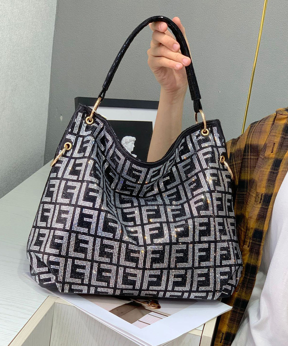 Women Rhinestone Solid Durable Faux Leather Tote Handbag