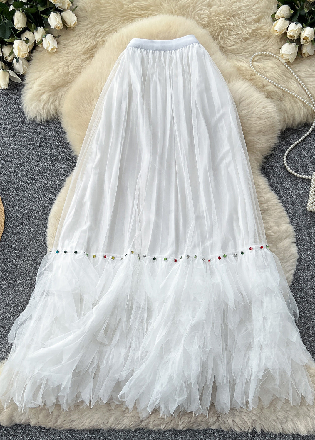 Women Rose Elastic Waist Patchwork Tulle Skirts Summer