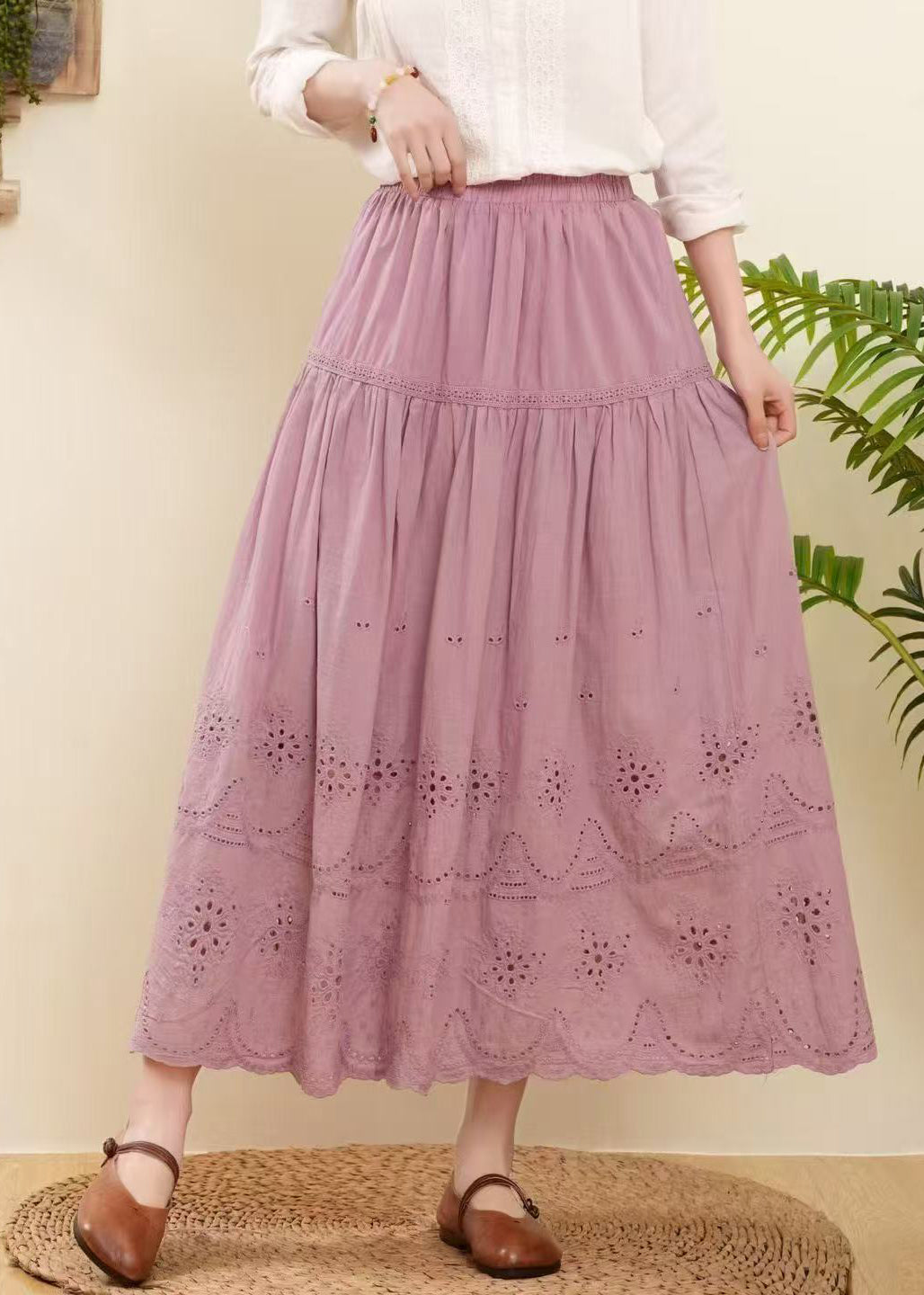 Women Rose Embroidered Hollow Out Cotton Skirts Summer