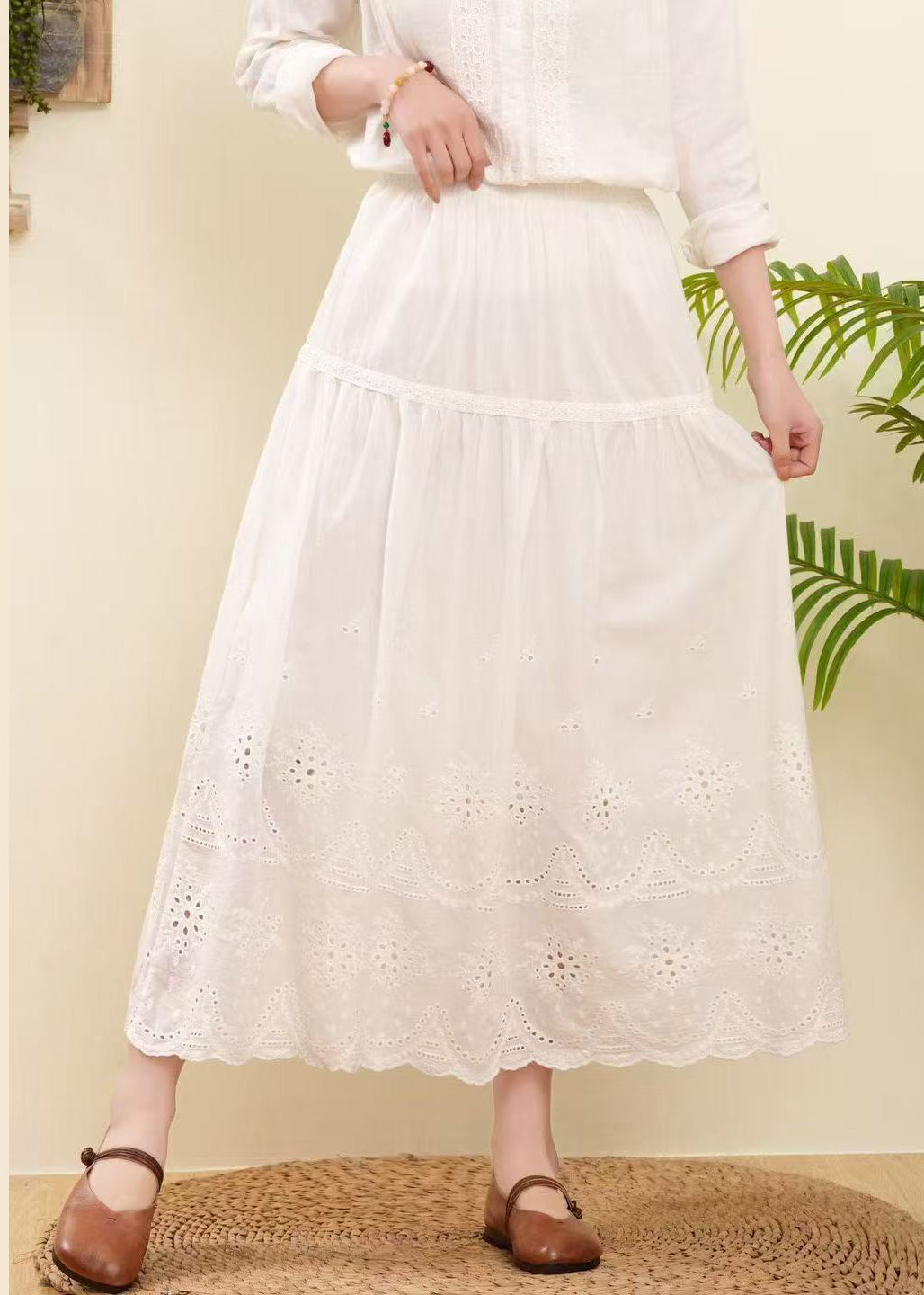 Women Rose Embroidered Hollow Out Cotton Skirts Summer