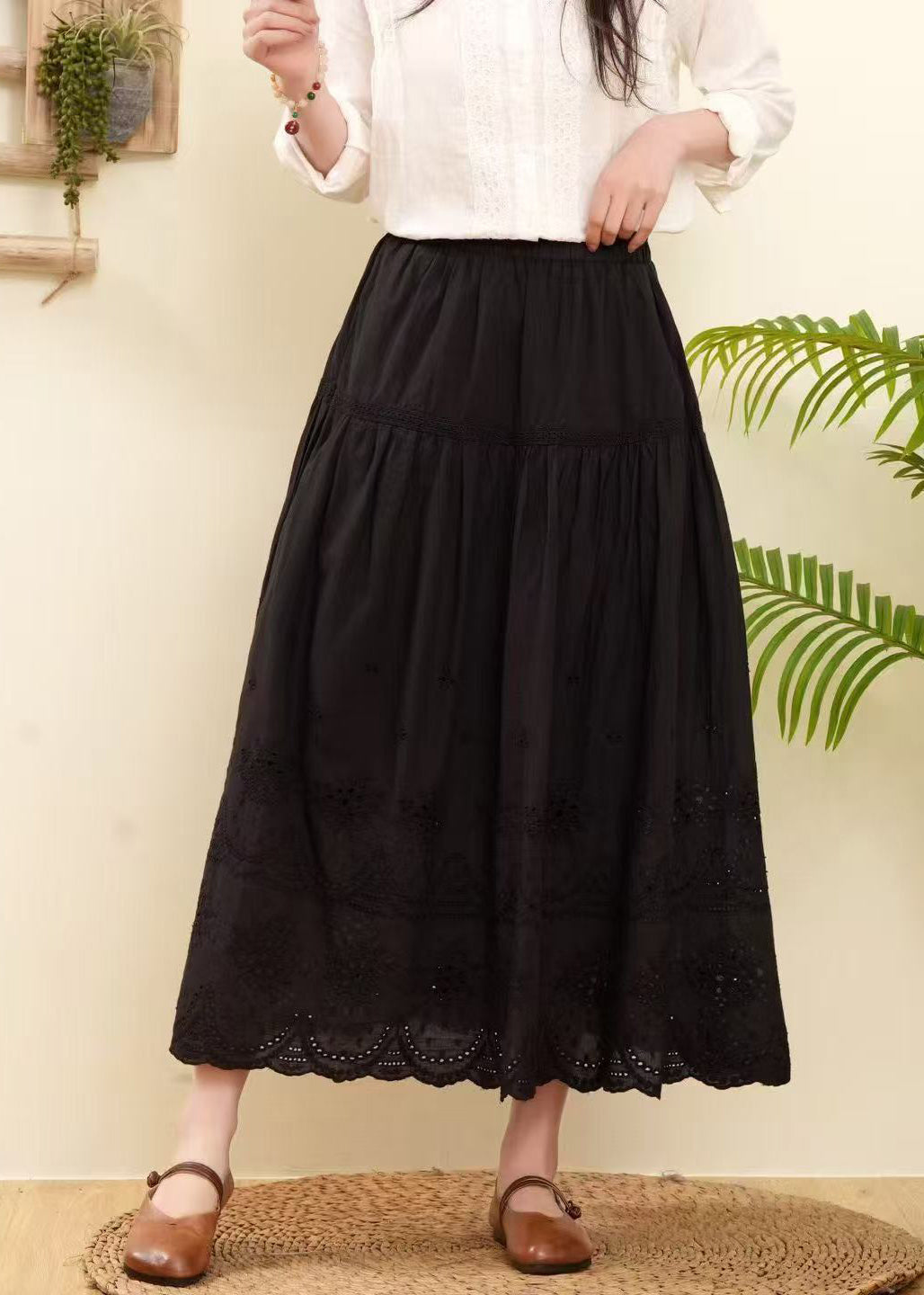 Women Rose Embroidered Hollow Out Cotton Skirts Summer