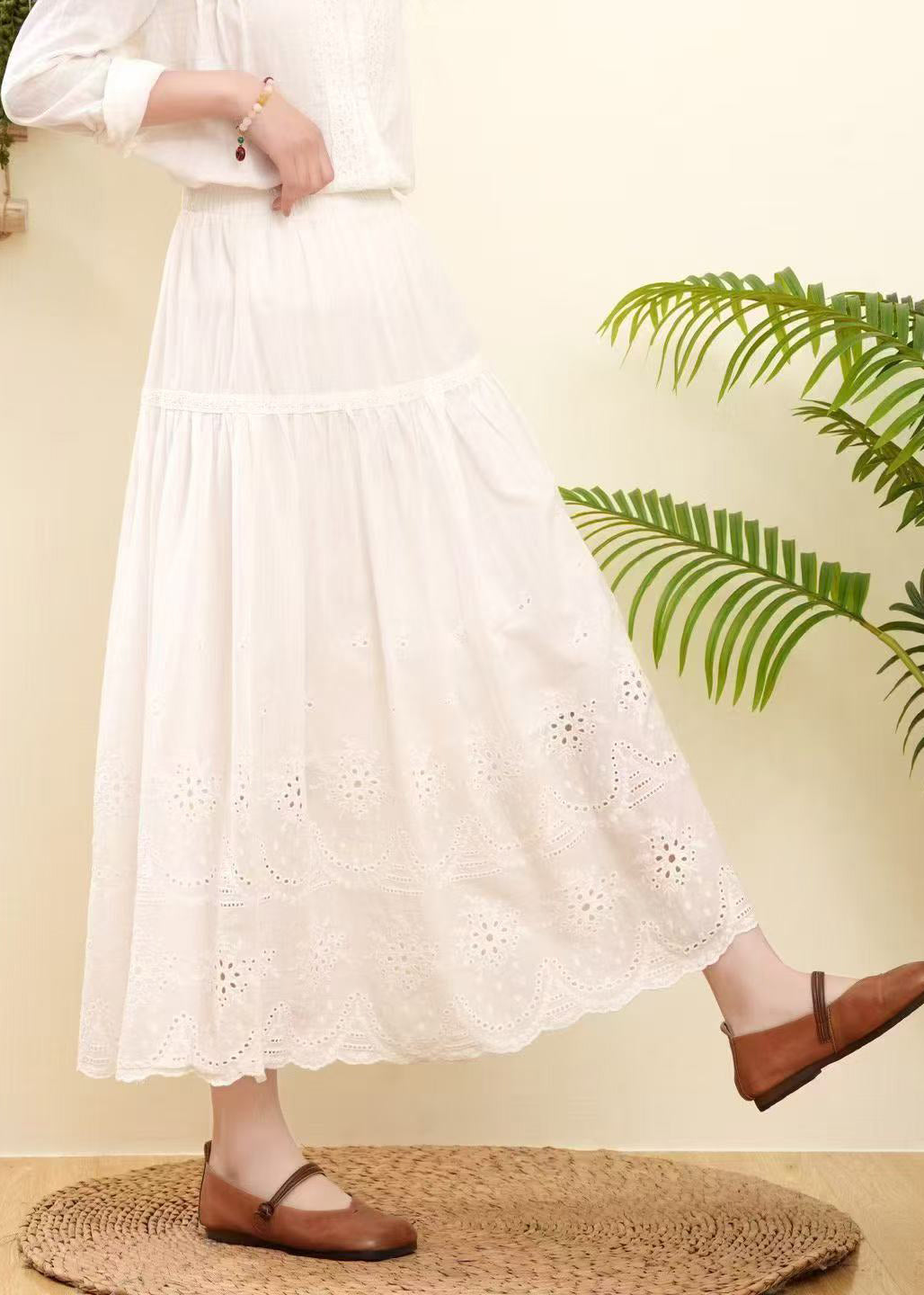 Women Rose Embroidered Hollow Out Cotton Skirts Summer