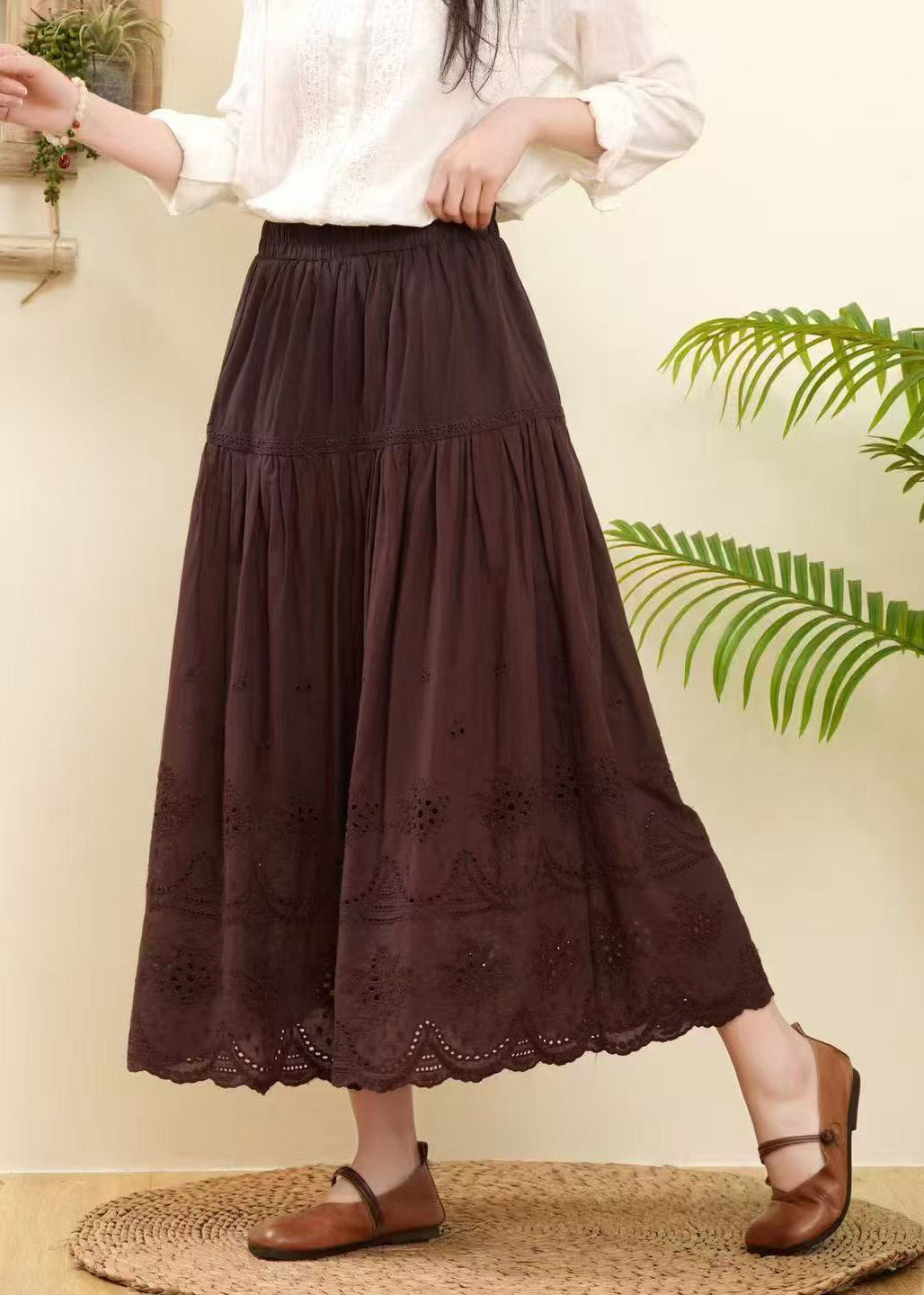 Women Rose Embroidered Hollow Out Cotton Skirts Summer