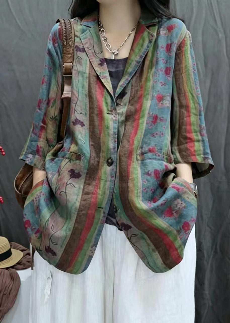Women Rose Green Print Notched Jackets Bracelet Sleeve