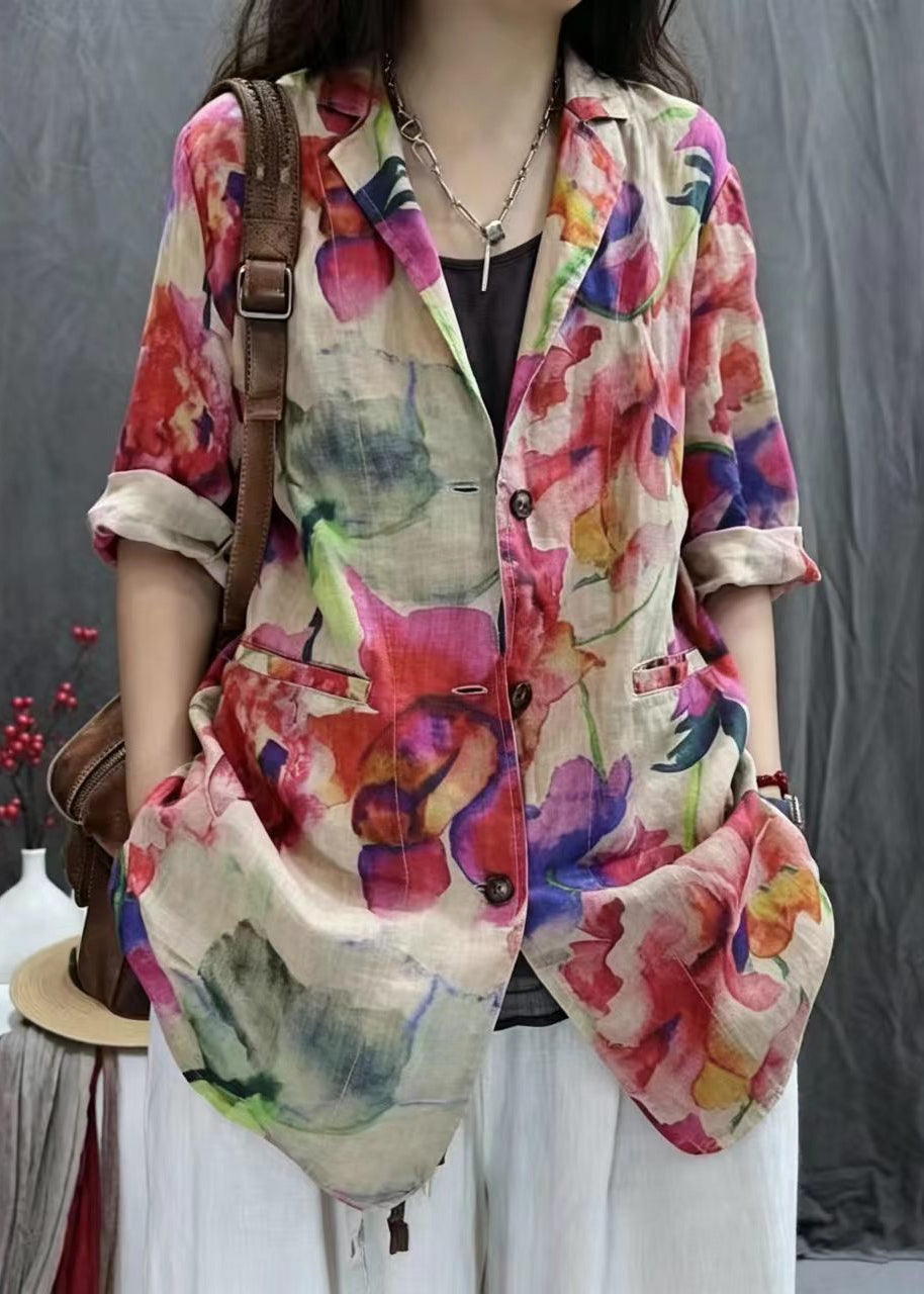 Women Rose Green Print Notched Jackets Bracelet Sleeve