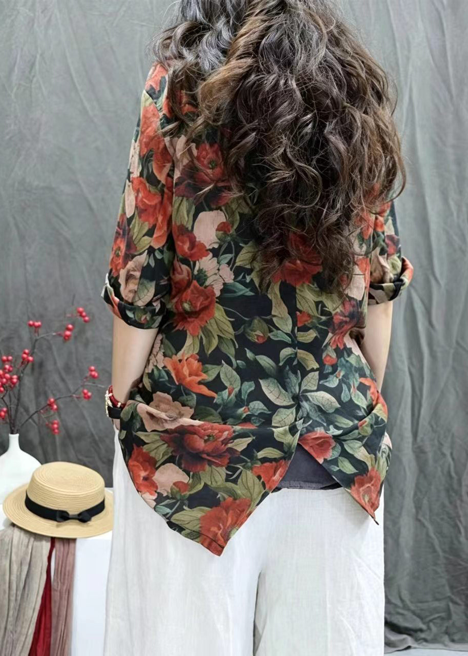 Women Rose Green Print Notched Jackets Bracelet Sleeve