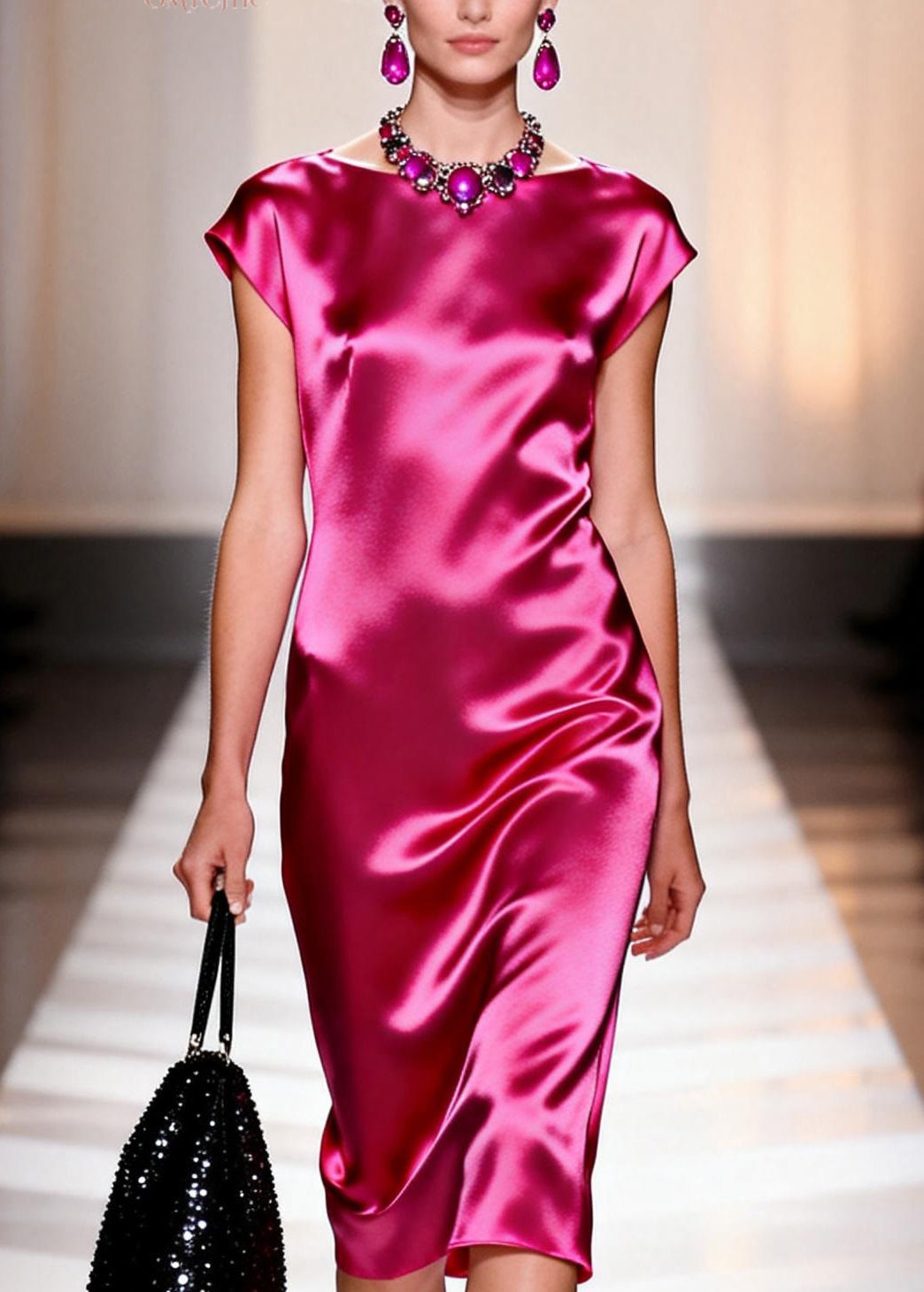 Women Rose O Neck Loose Silk Long Dresses Summer