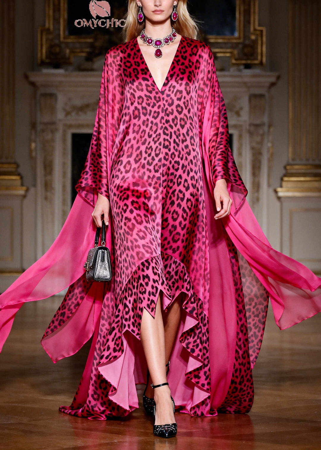 Women Rose Oversized Leopard Exra Large Hem Chiffon Dress Summer