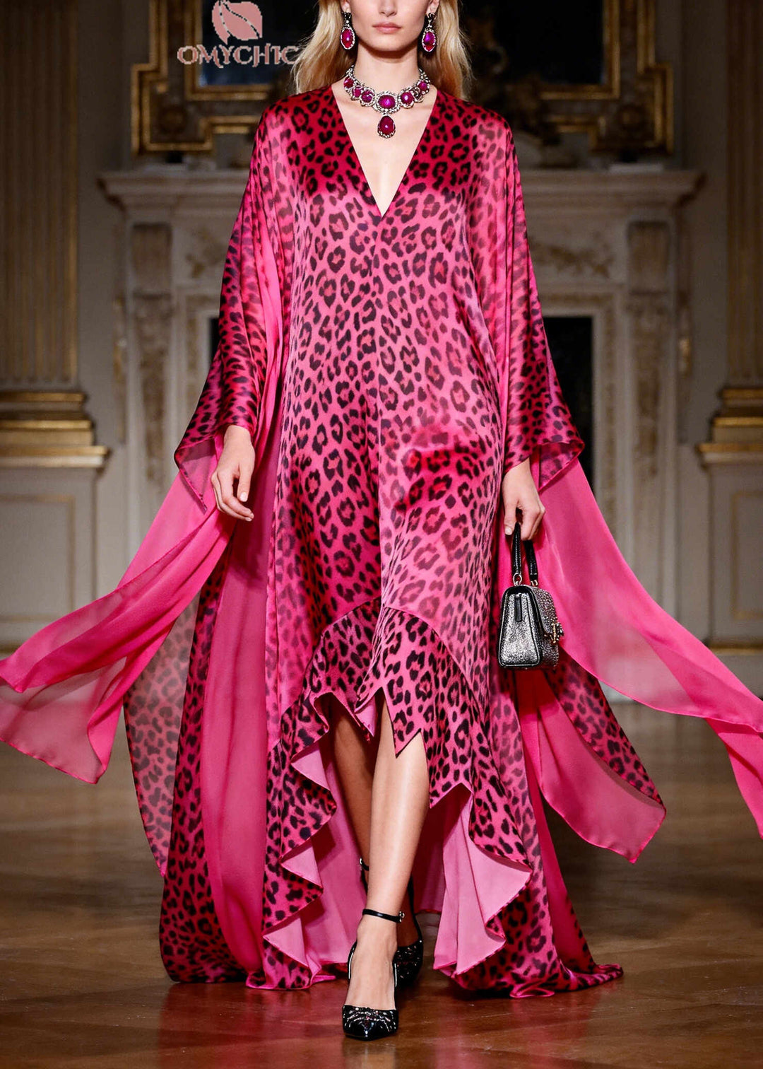 Women Rose Oversized Leopard Exra Large Hem Chiffon Dress Summer