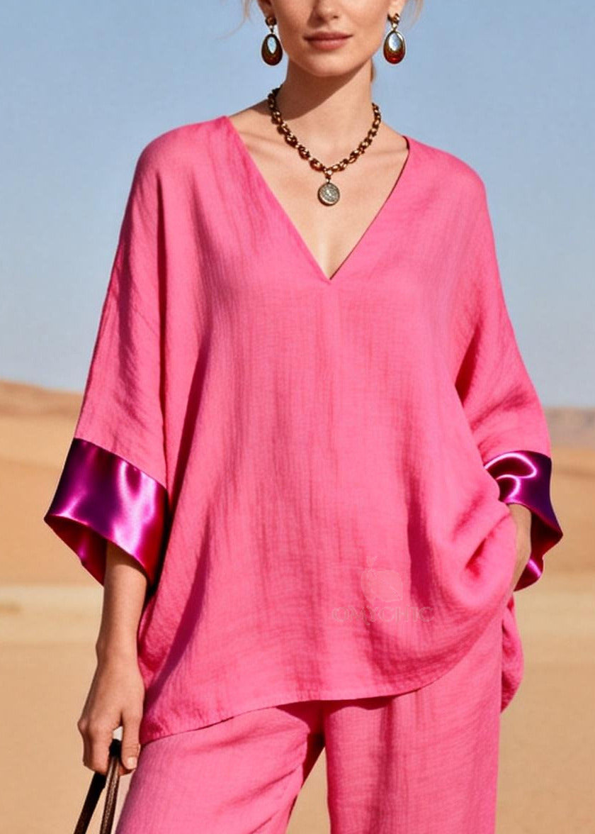 Women Rose Oversized Patchwork Silk Cotton Women Sets 2 Pieces