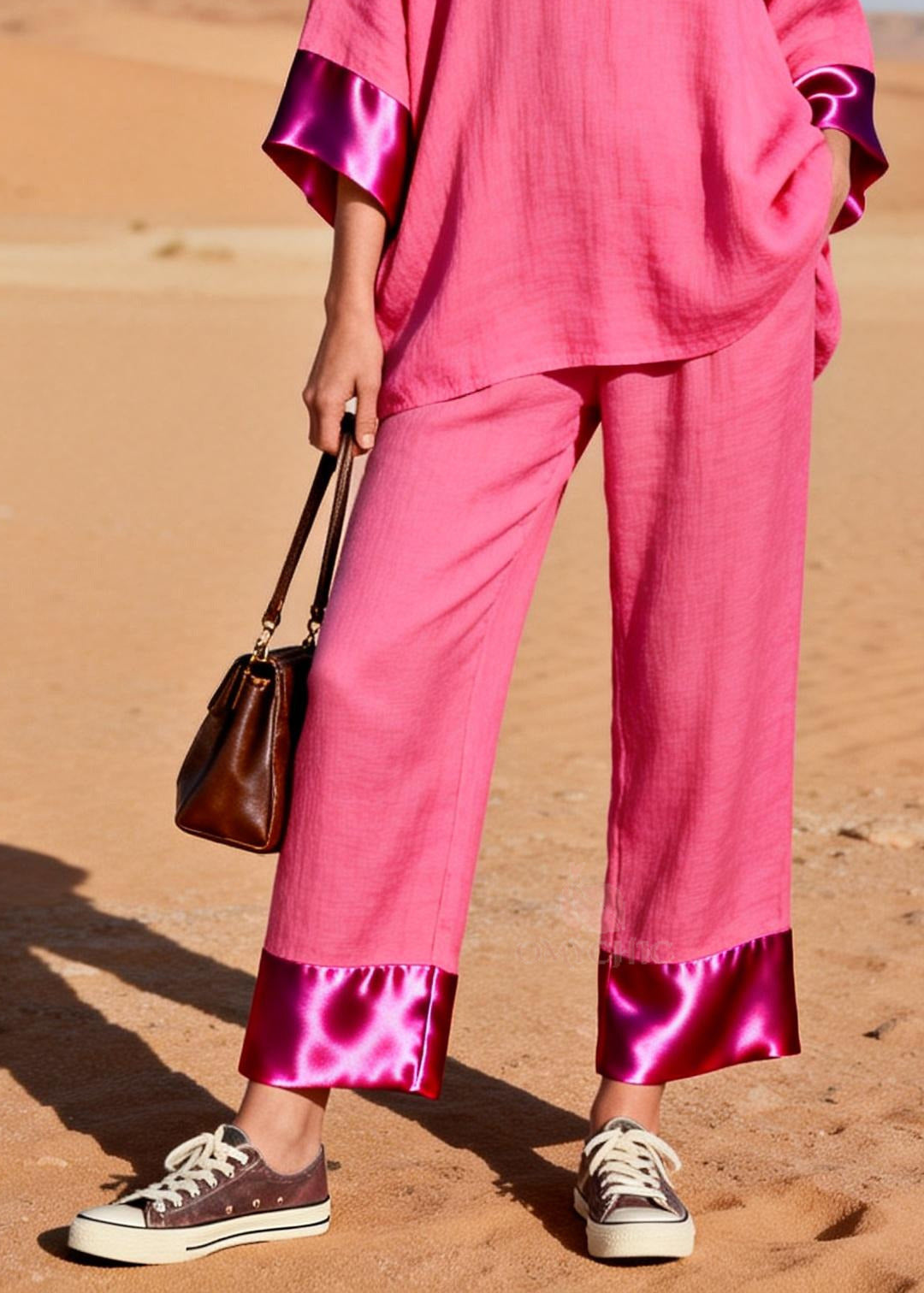 Women Rose Oversized Patchwork Silk Cotton Women Sets 2 Pieces