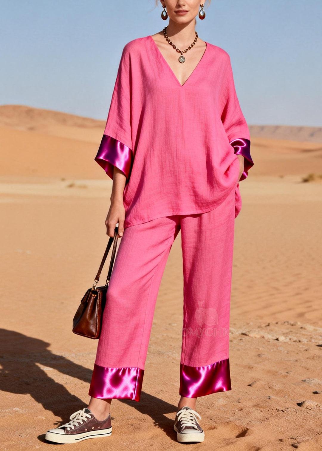 Women Rose Oversized Patchwork Silk Cotton Women Sets 2 Pieces