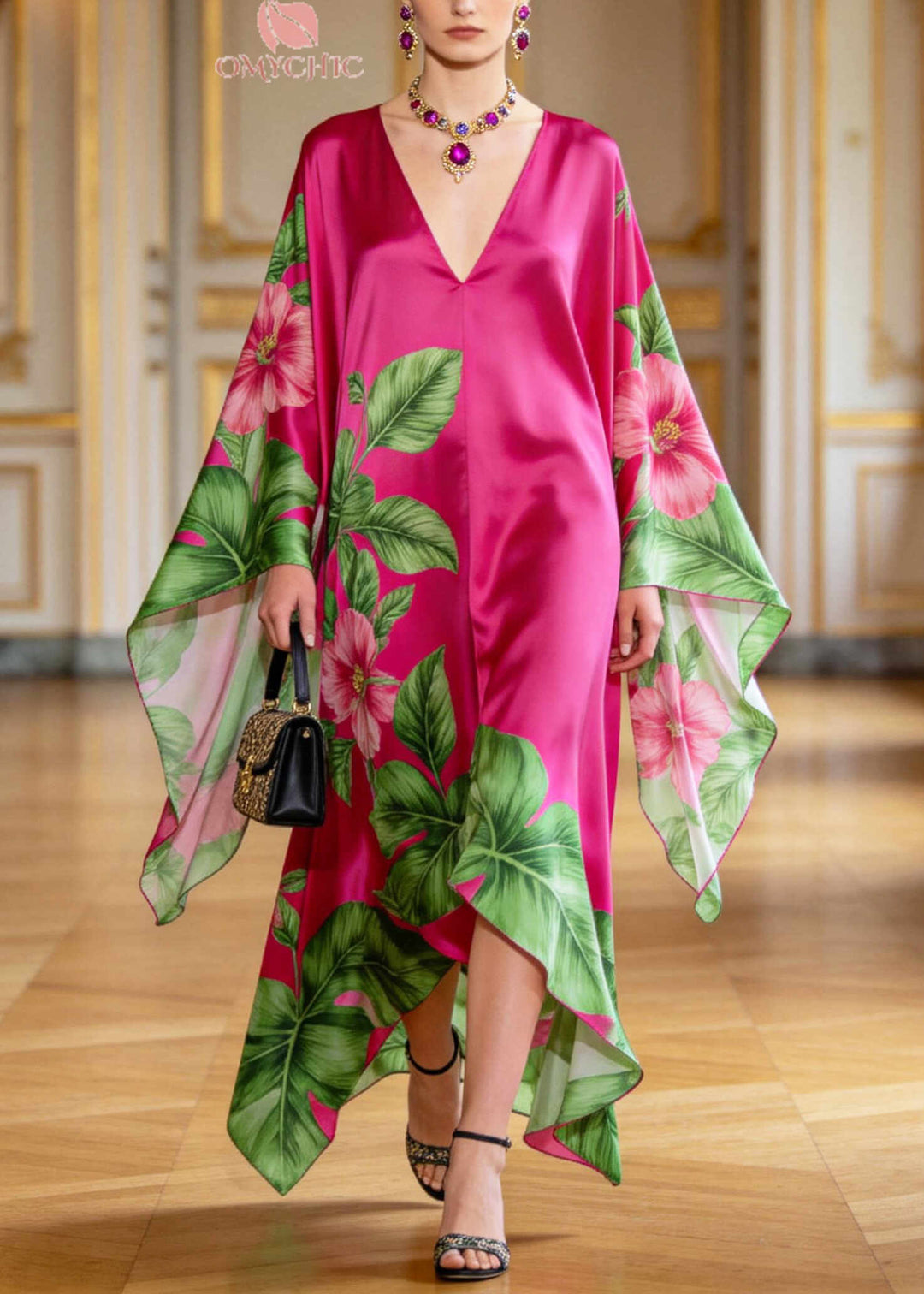 Women Rose Oversized Print Chiffon Vacation Dresses Batwing Sleeve