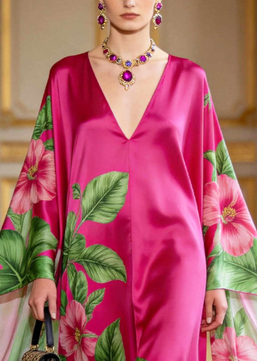 Women Rose Oversized Print Chiffon Vacation Dresses Batwing Sleeve