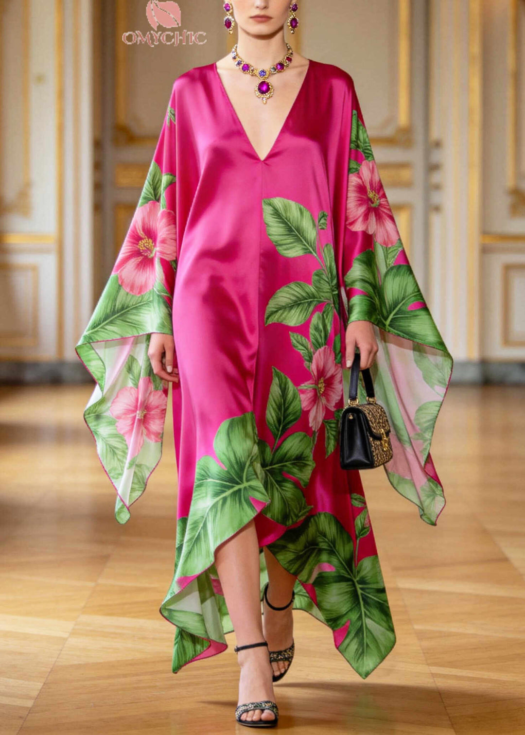 Women Rose Oversized Print Chiffon Vacation Dresses Batwing Sleeve