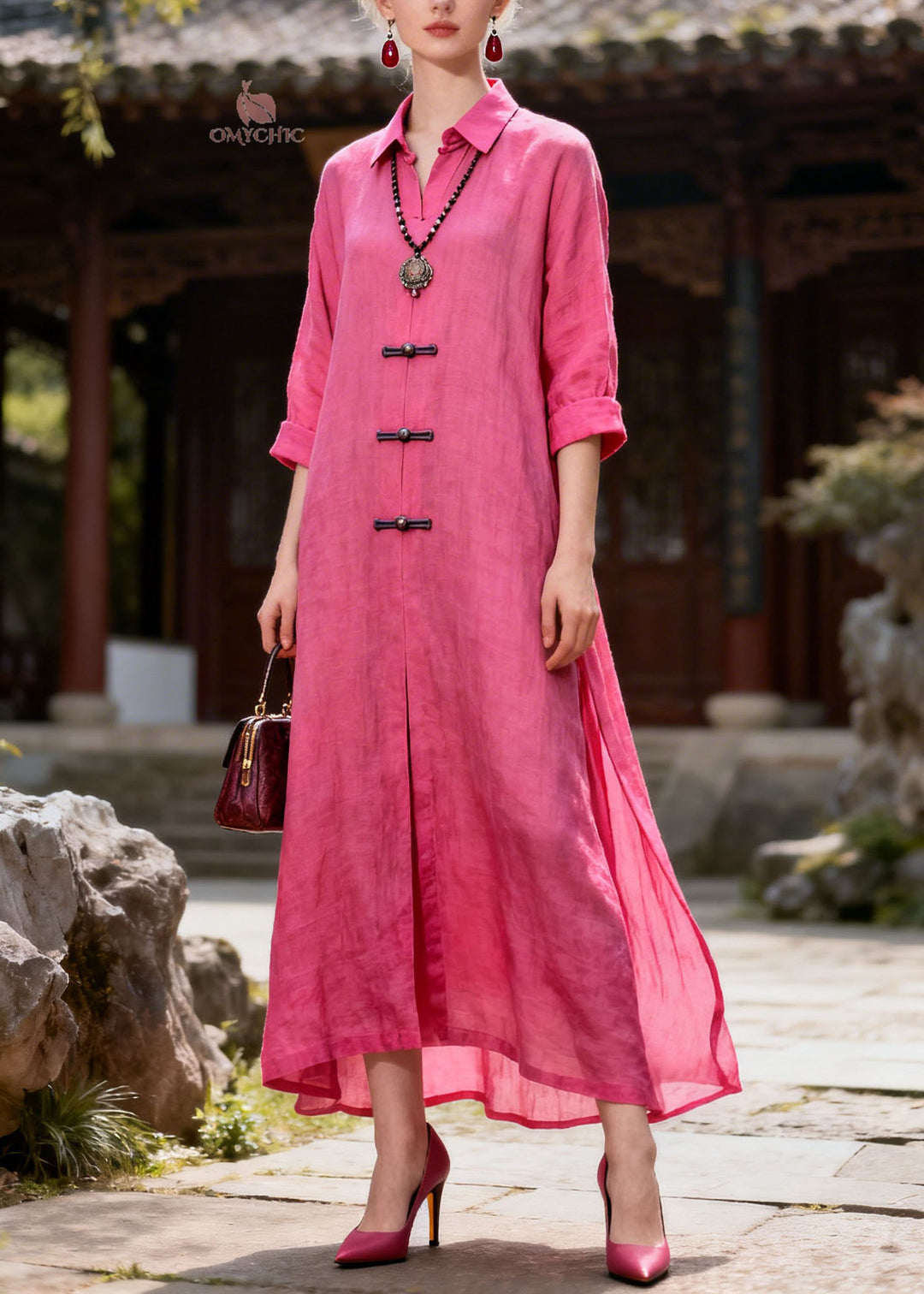 Women Rose Peter Pan Collar Patchwork Chinese Button Cotton Dresses Summer