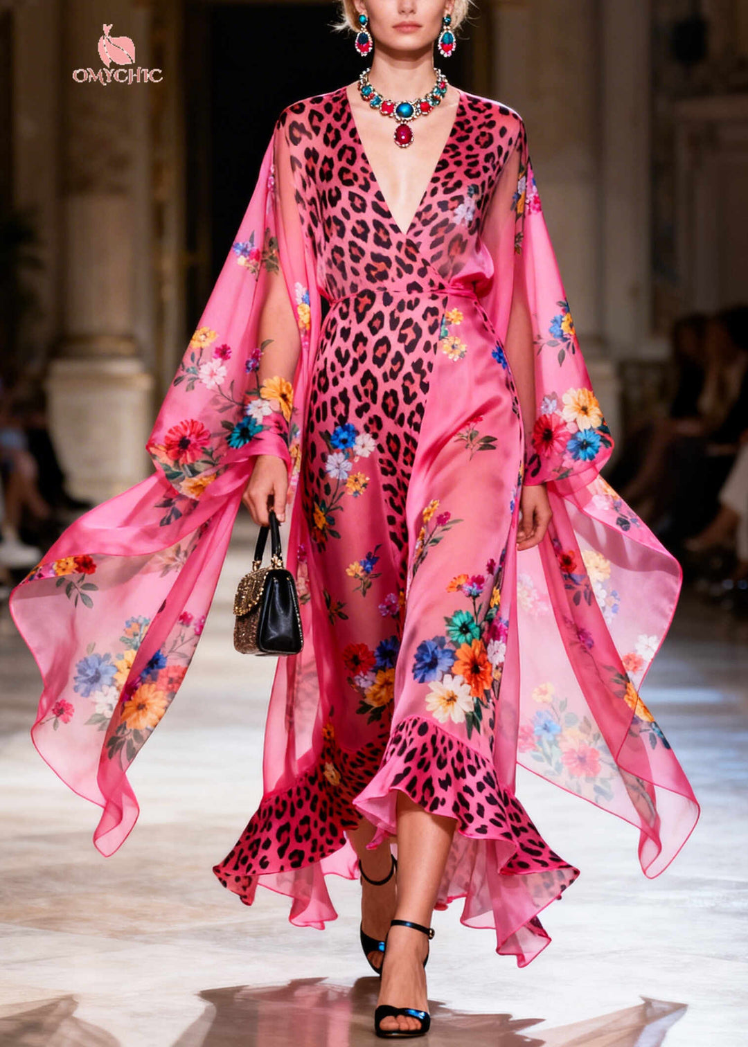 Women Rose Print Draping Chiffon Beach Dresses Summer