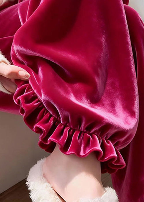 Women Rose Ruffled Solid Silk Velvet Pants Winter