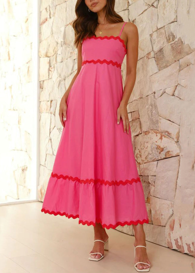 Women Rose Solid Zippered Cotton Spaghetti Strap Dress Sleeveless