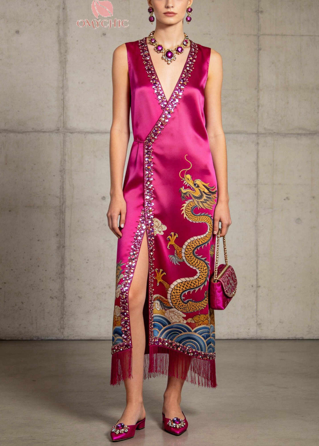 Women Rose Tasseled Sequins Side Open Silk Dresses Sleeveless
