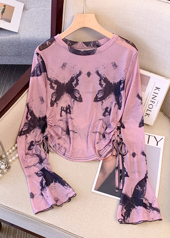 Women Rose Tie Dye Drawstring Knit UPF 50+ Tops Summer