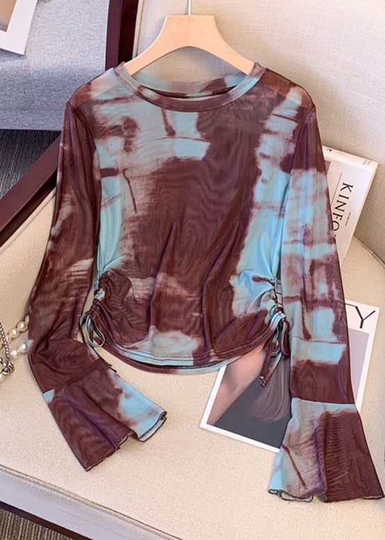 Women Rose Tie Dye Drawstring Knit UPF 50+ Tops Summer