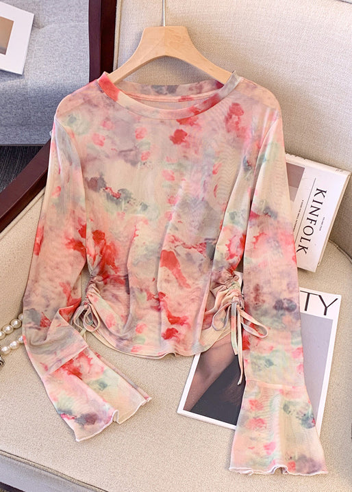 Women Rose Tie Dye Drawstring Knit UPF 50+ Tops Summer