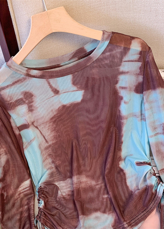Women Rose Tie Dye Drawstring Knit UPF 50+ Tops Summer