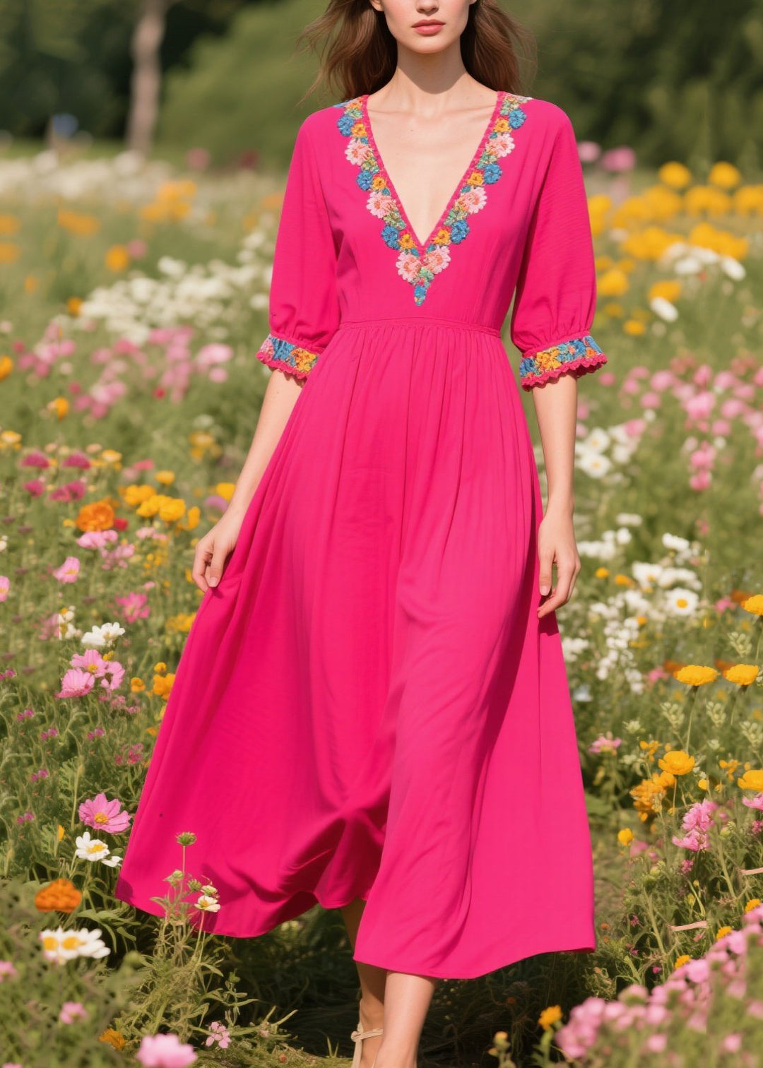 Women Rose V Neck Patchwork Cotton Ankle Dress Summer