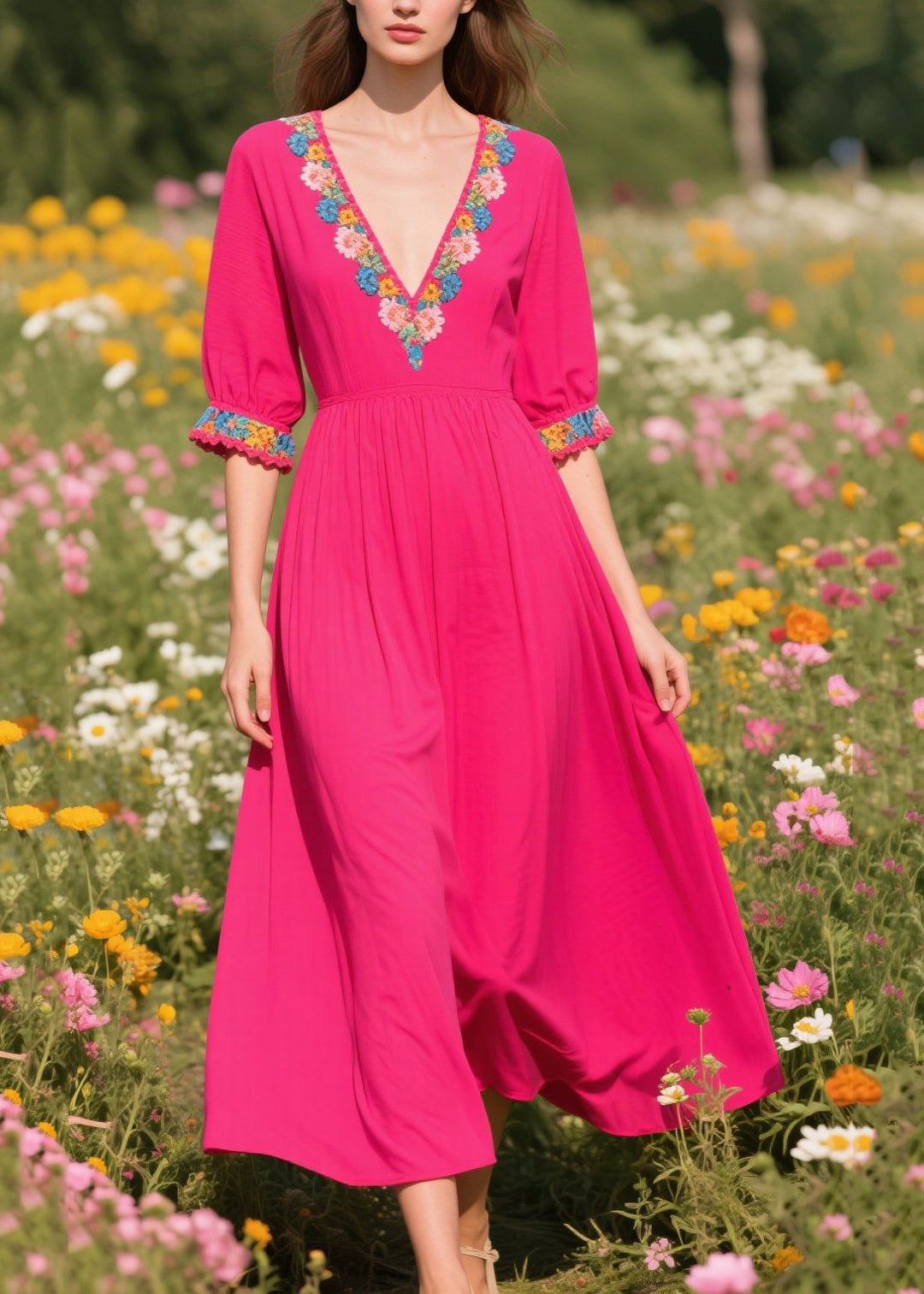 Women Rose V Neck Patchwork Cotton Ankle Dress Summer