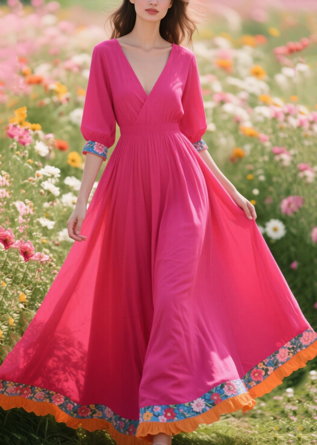 Women Rose V Neck Patchwork Cotton Vacation Dresses Summer