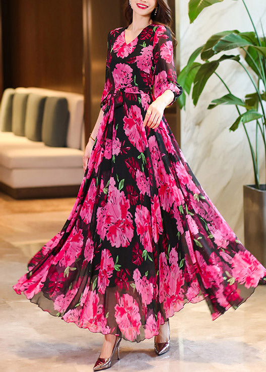 Women Rose V Neck Print Chiffon Maxi Dresses Summer