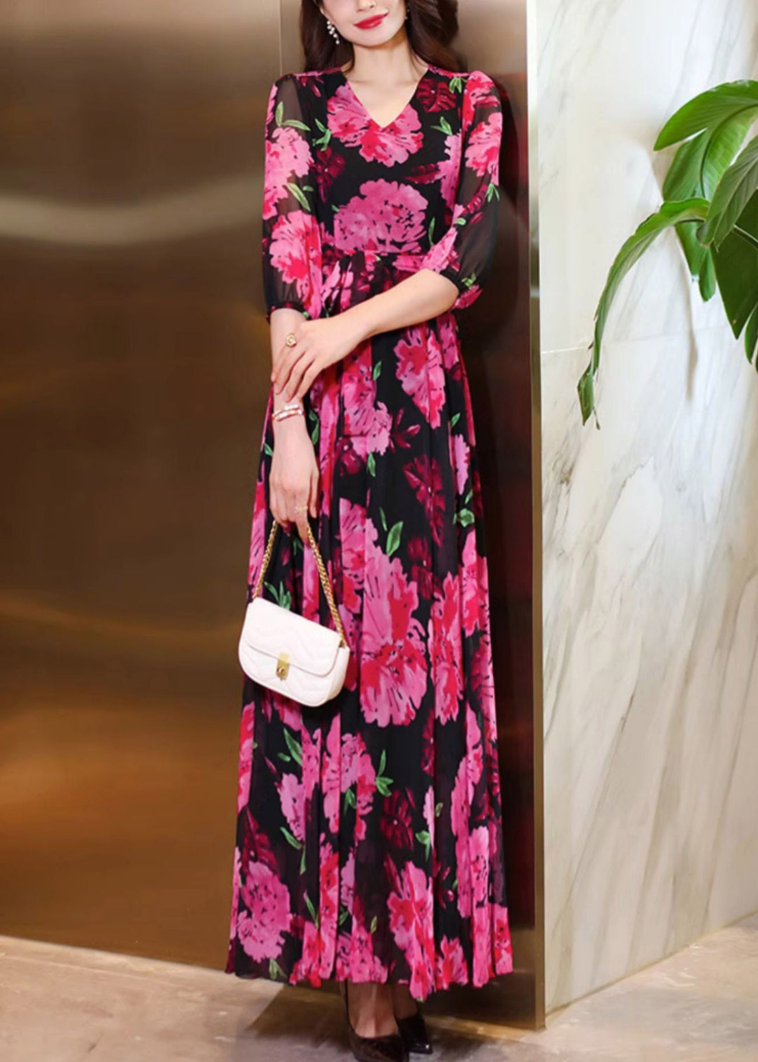 Women Rose V Neck Print Chiffon Maxi Dresses Summer