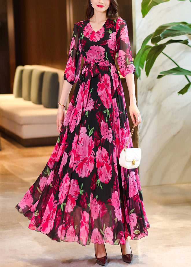 Women Rose V Neck Print Chiffon Maxi Dresses Summer