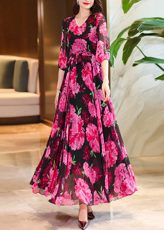 Women Rose V Neck Print Chiffon Maxi Dresses Summer
