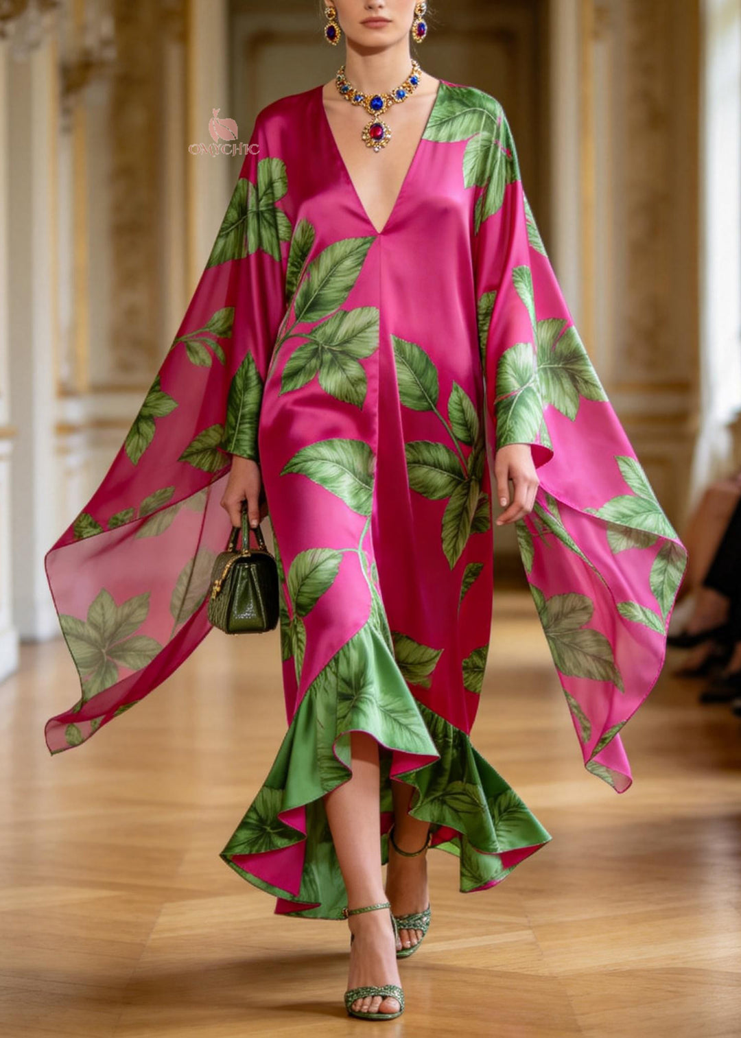 Women Rose V Neck Print Ruffled Patchwork Chiffon Dress Summer