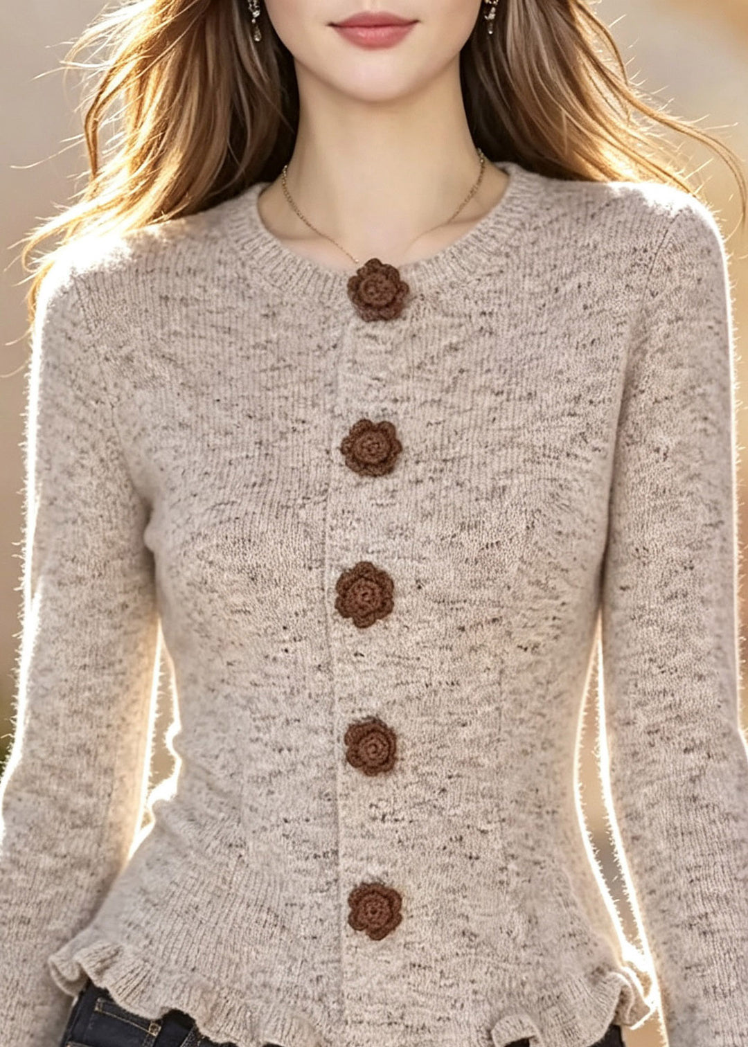 Women Ruffled Patchwork Cotton Knit Cardigans Flare Sleeve
