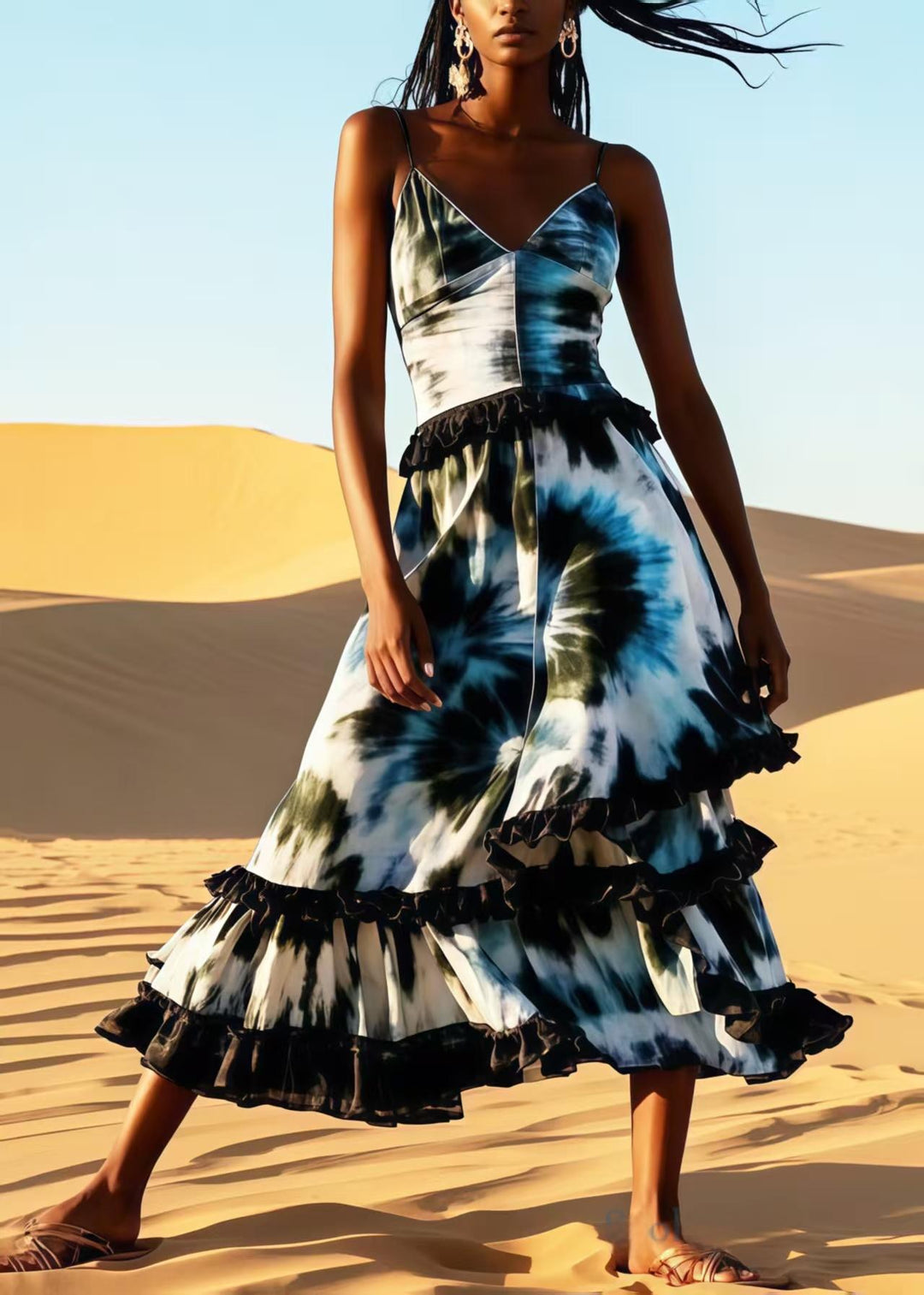 Women Ruffled Patchwork Tie Dye Cotton Cami Dress Summer