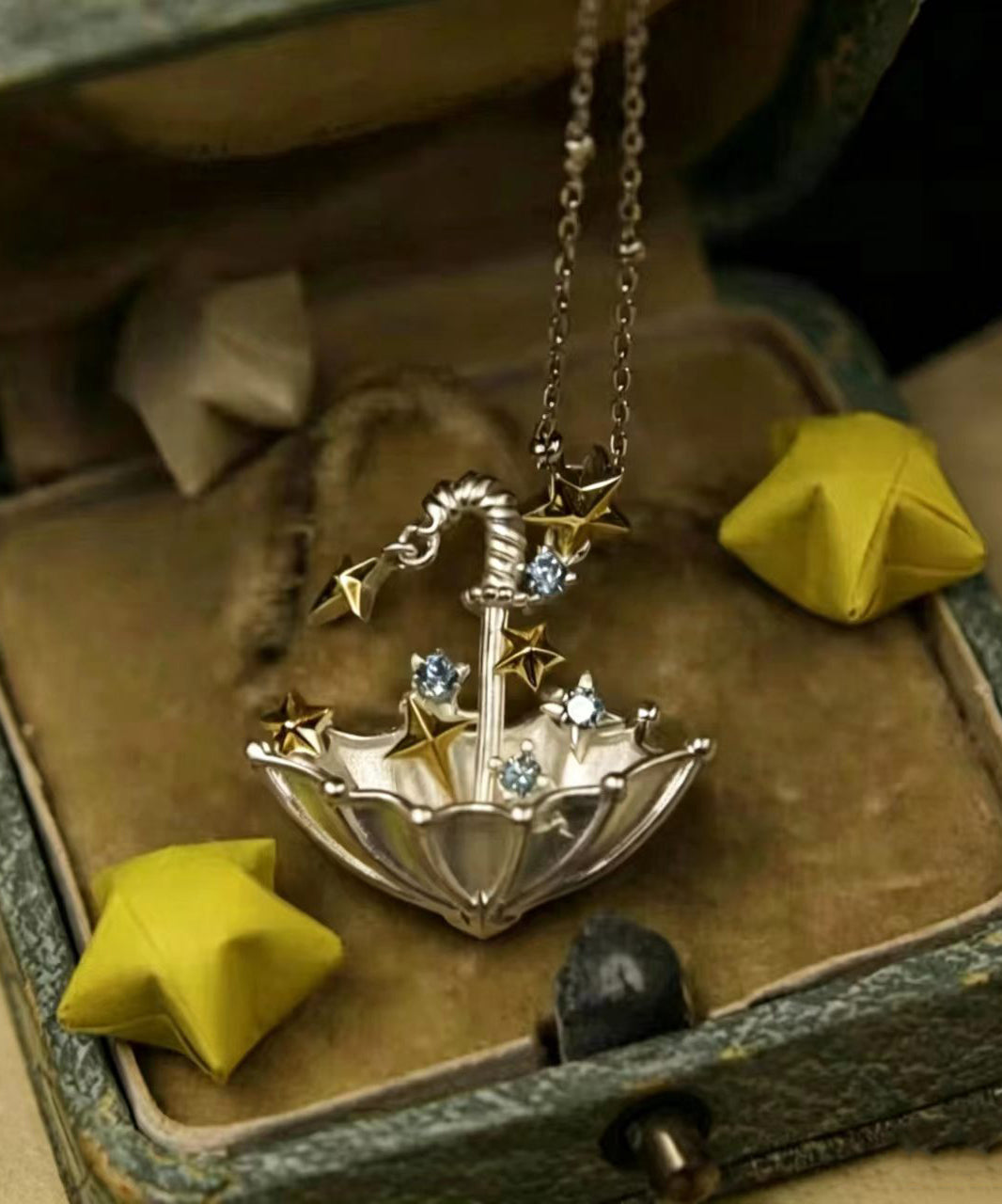 Women Silk Alloy Zircon Star Umbrella Pendant Necklace