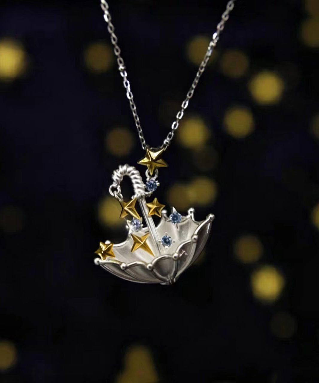 Women Silk Alloy Zircon Star Umbrella Pendant Necklace