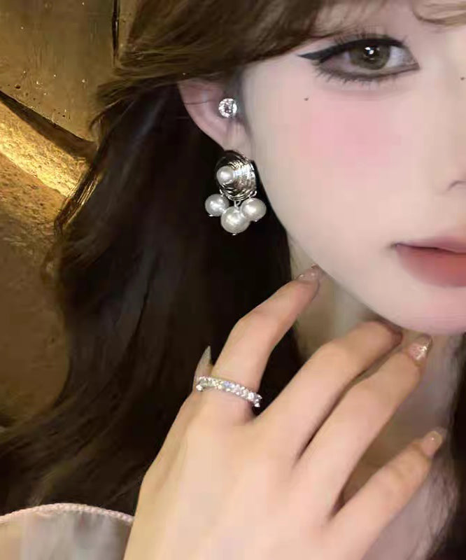 Women Silk Sterling Silver Pearl Stud Earrings