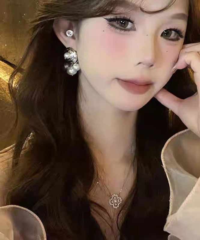 Women Silk Sterling Silver Pearl Stud Earrings