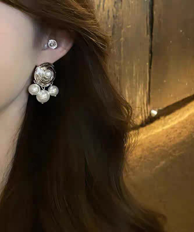 Women Silk Sterling Silver Pearl Stud Earrings