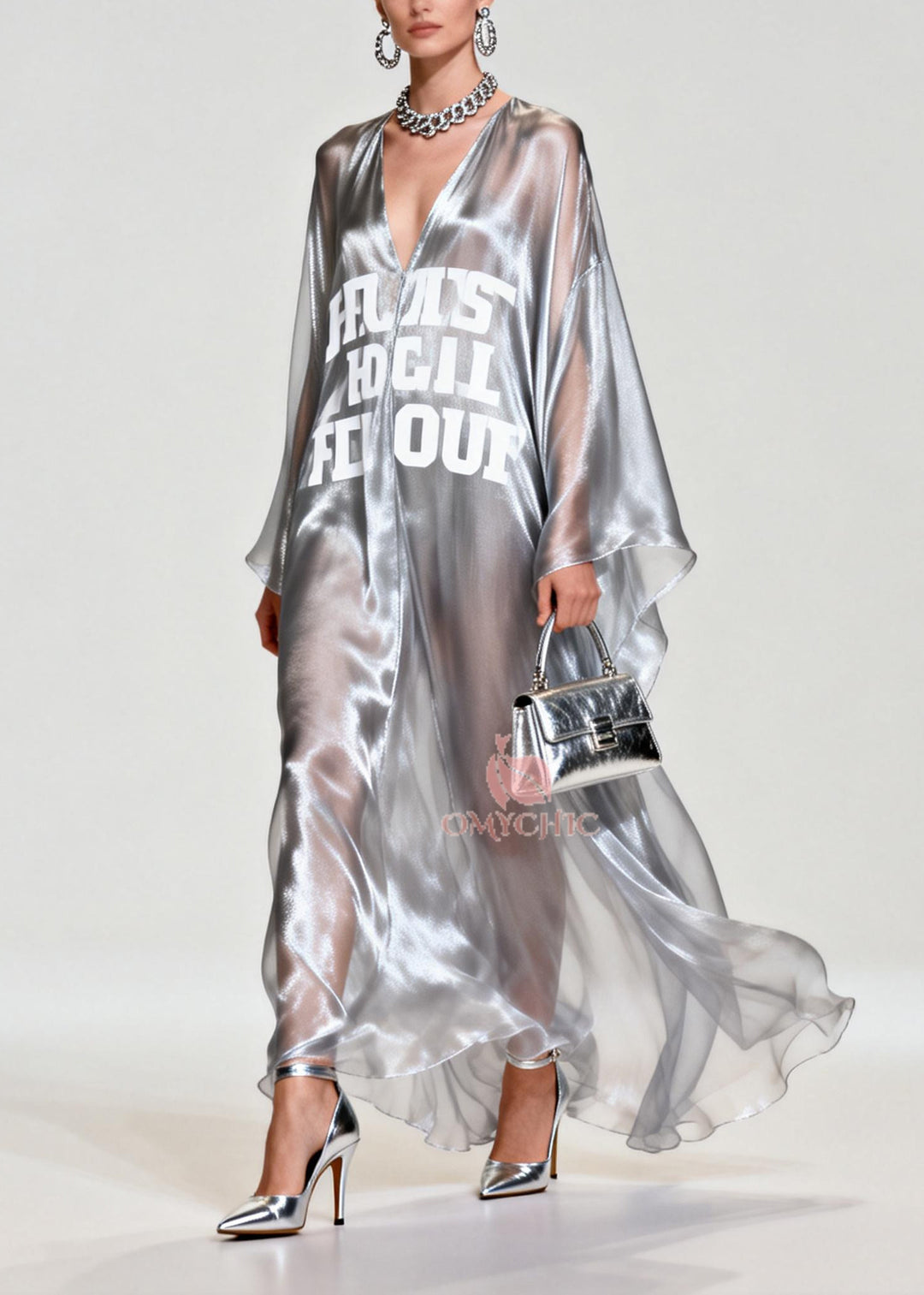 Women Silvery Letter Print Exra Large Hem Chiffon Beach Dresses Summer