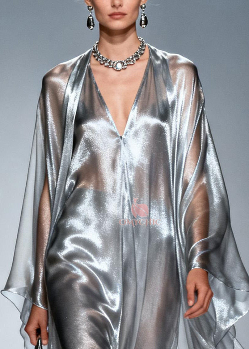 Women Silvery Oversized Draping Chiffon Maxi Dresses Summer