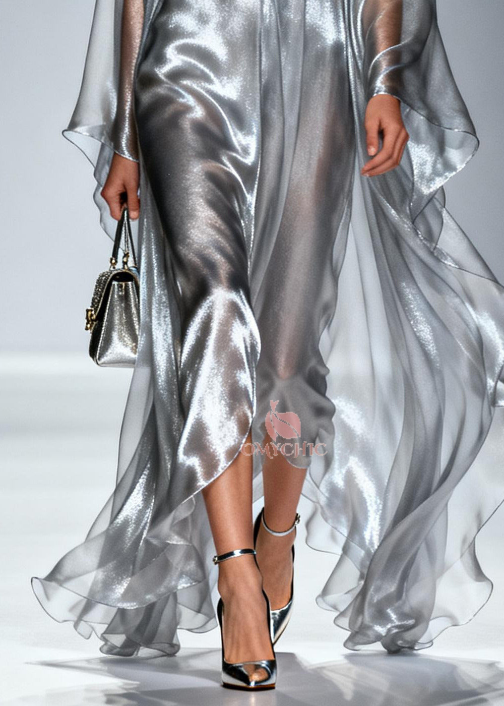 Women Silvery Oversized Draping Chiffon Maxi Dresses Summer