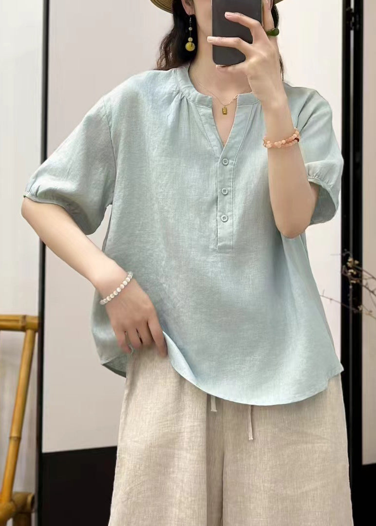 Women Sky Blue Button Solid  Loose Linen Shirt