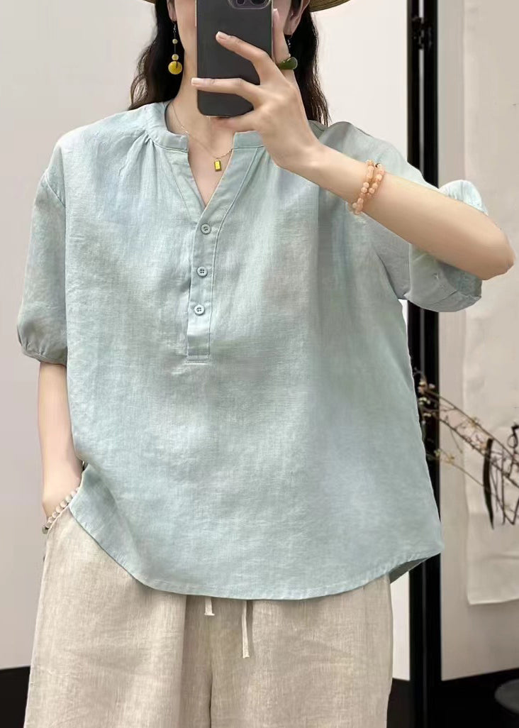 Women Sky Blue Button Solid  Loose Linen Shirt